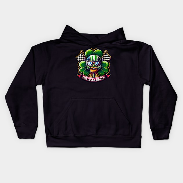 One Lucky Racer St Patrick's Day Irish Shamrock Beard Checkered Flag Racing Clover Leprechaun St Paddy's Day Luck Kids Hoodie by Carantined Chao$